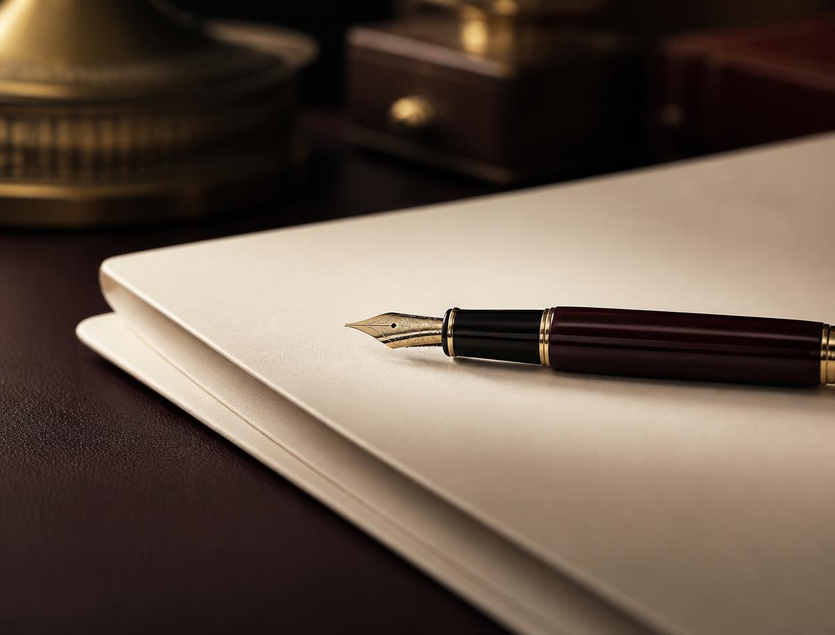 Detalhe de mesa de trabalho com documento e caneta