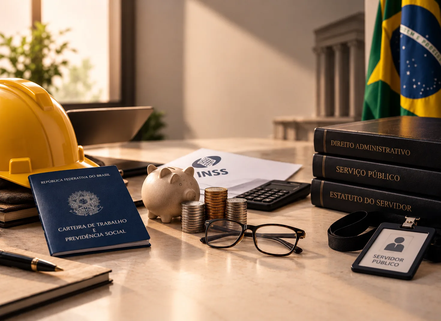Mesa com carteira de trabalho, capacete, documento do INSS e livros de direito administrativo